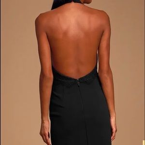 Black Lace Backless Halter Midi Dress